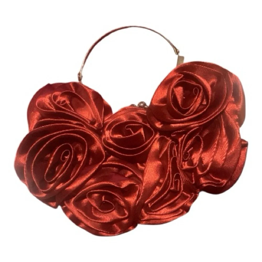 Elegant Red Rose Clutch with Silver Handle Formal Holiday